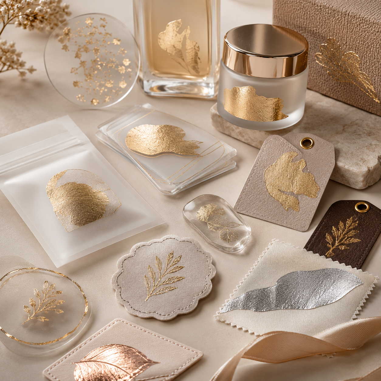 Gold foil applied on glass, acrylic, leather, fabric and kraft surfaces